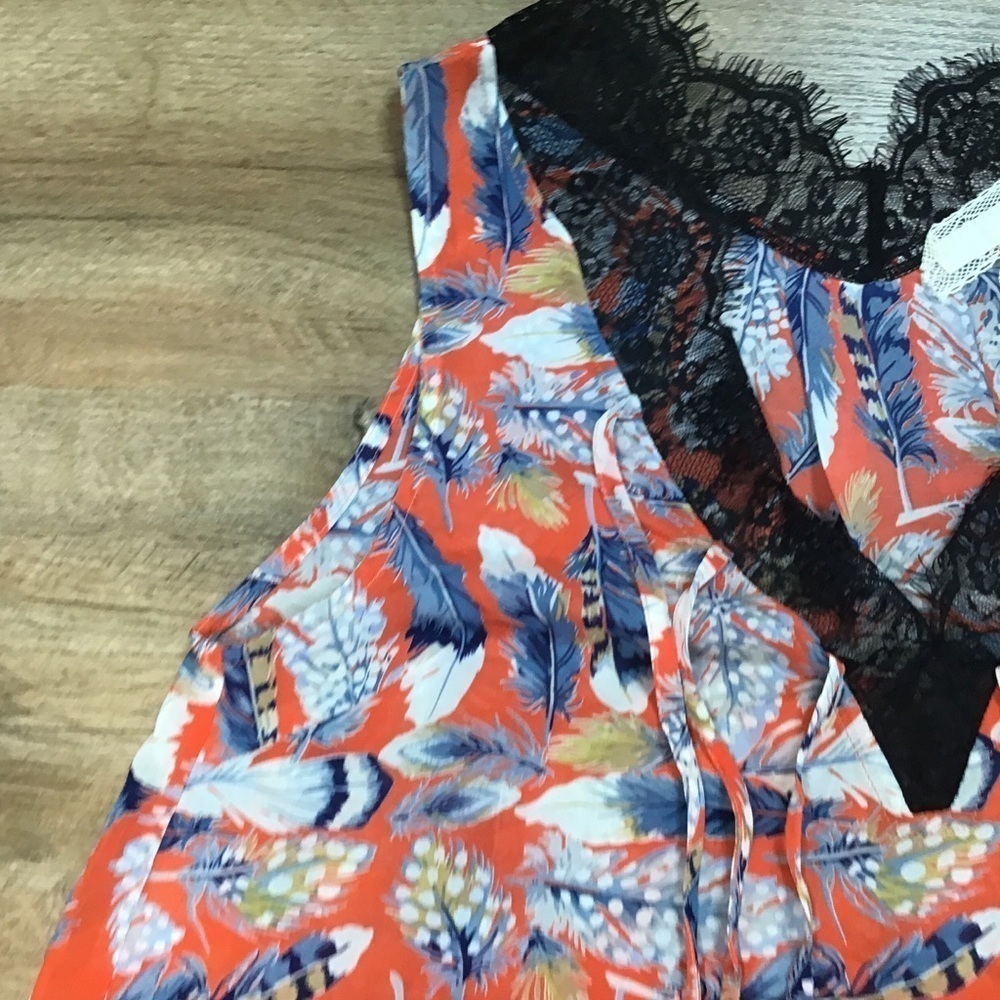 Nwt A’reve Nightgown Size L Camisole Lace Boho Feather Print Red Blue - Picture 8 of 14